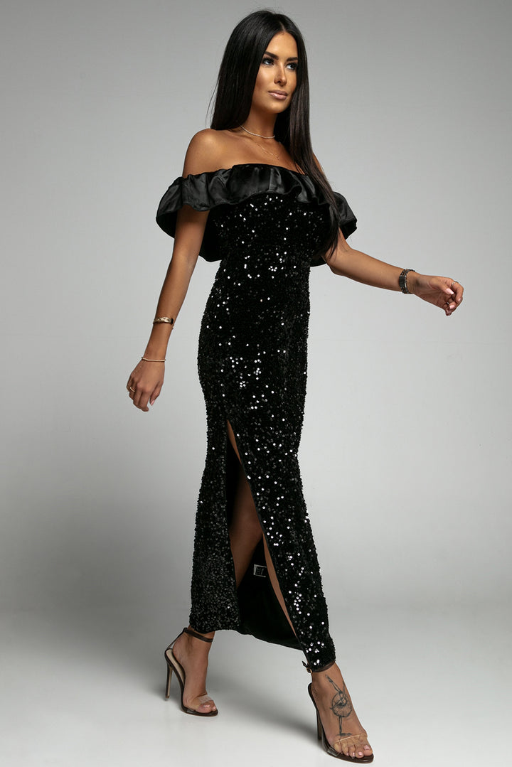 Elegant Black Sequins Off Shoulder Side Slit Evening Dress