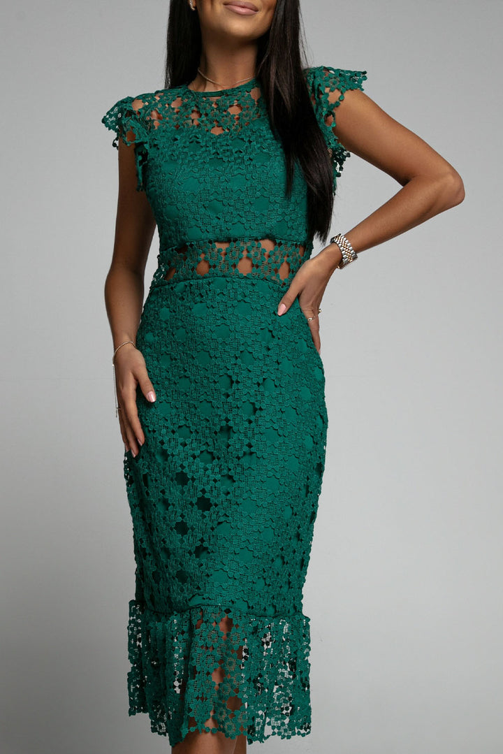 Elegant Green Flutter Sleeves Lace Lined Ruffled Midi Dress