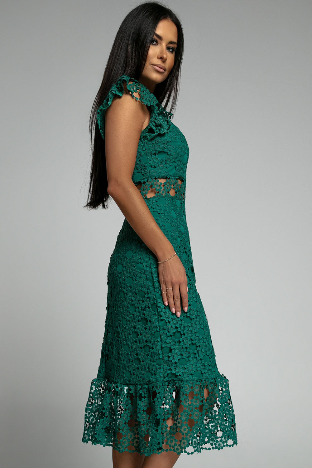 Elegant Green Flutter Sleeves Lace Lined Ruffled Midi Dress