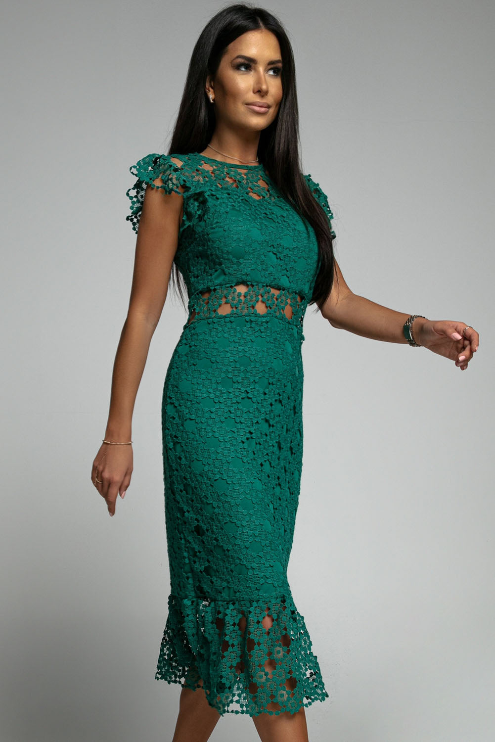 Elegant Green Flutter Sleeves Lace Lined Ruffled Midi Dress