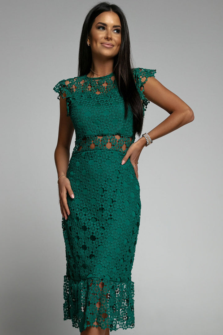 Elegant Green Flutter Sleeves Lace Lined Ruffled Midi Dress