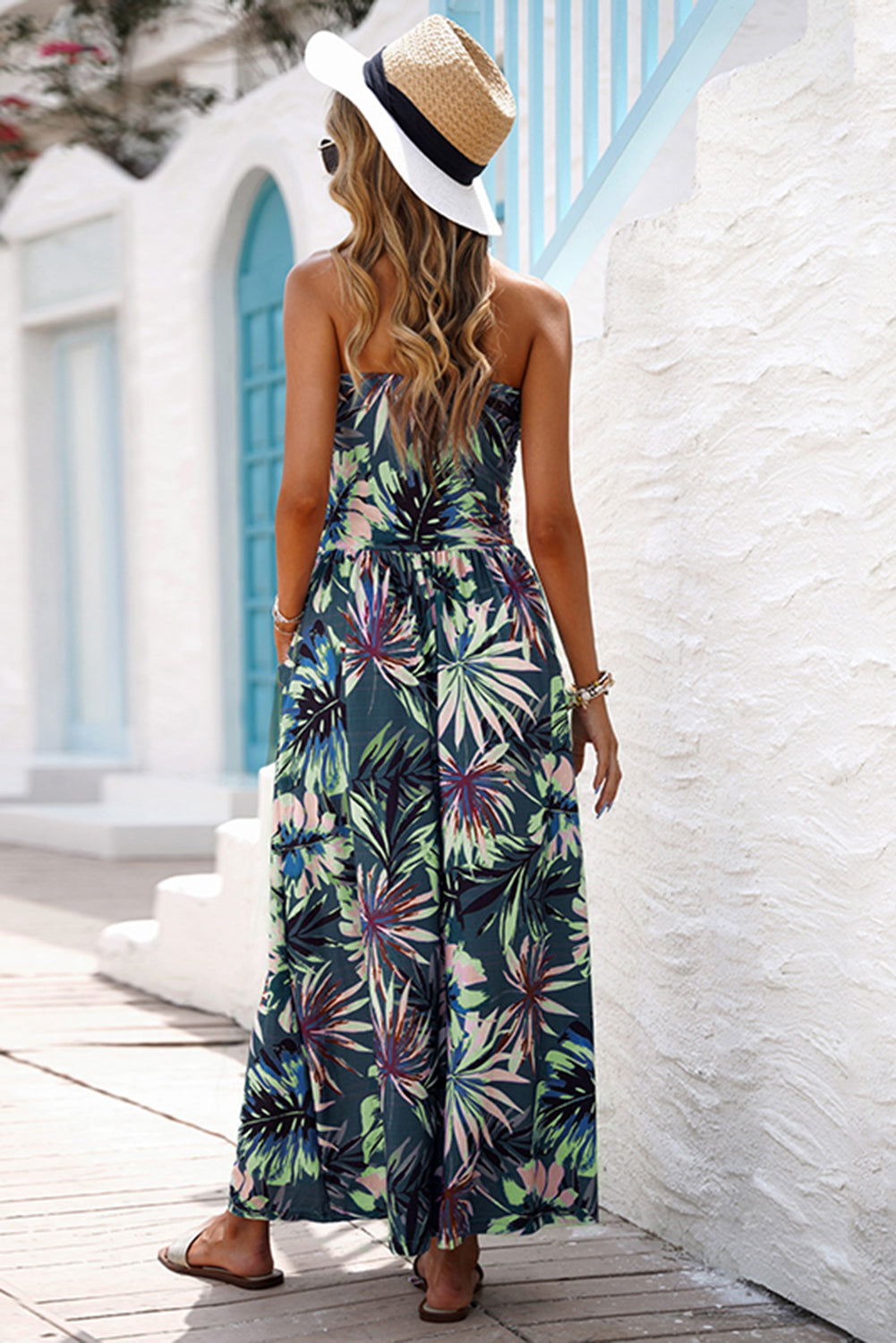 Summer Green Bohemian Bandeau Floral Print Maxi Dress