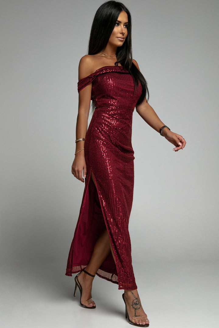 Red Off Shoulder Side Slit Bodycon Sequin Party Dress