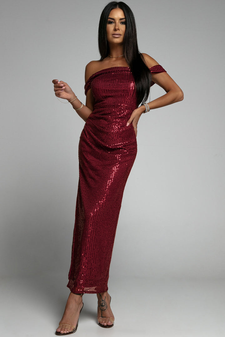 Red Off Shoulder Side Slit Bodycon Sequin Party Dress