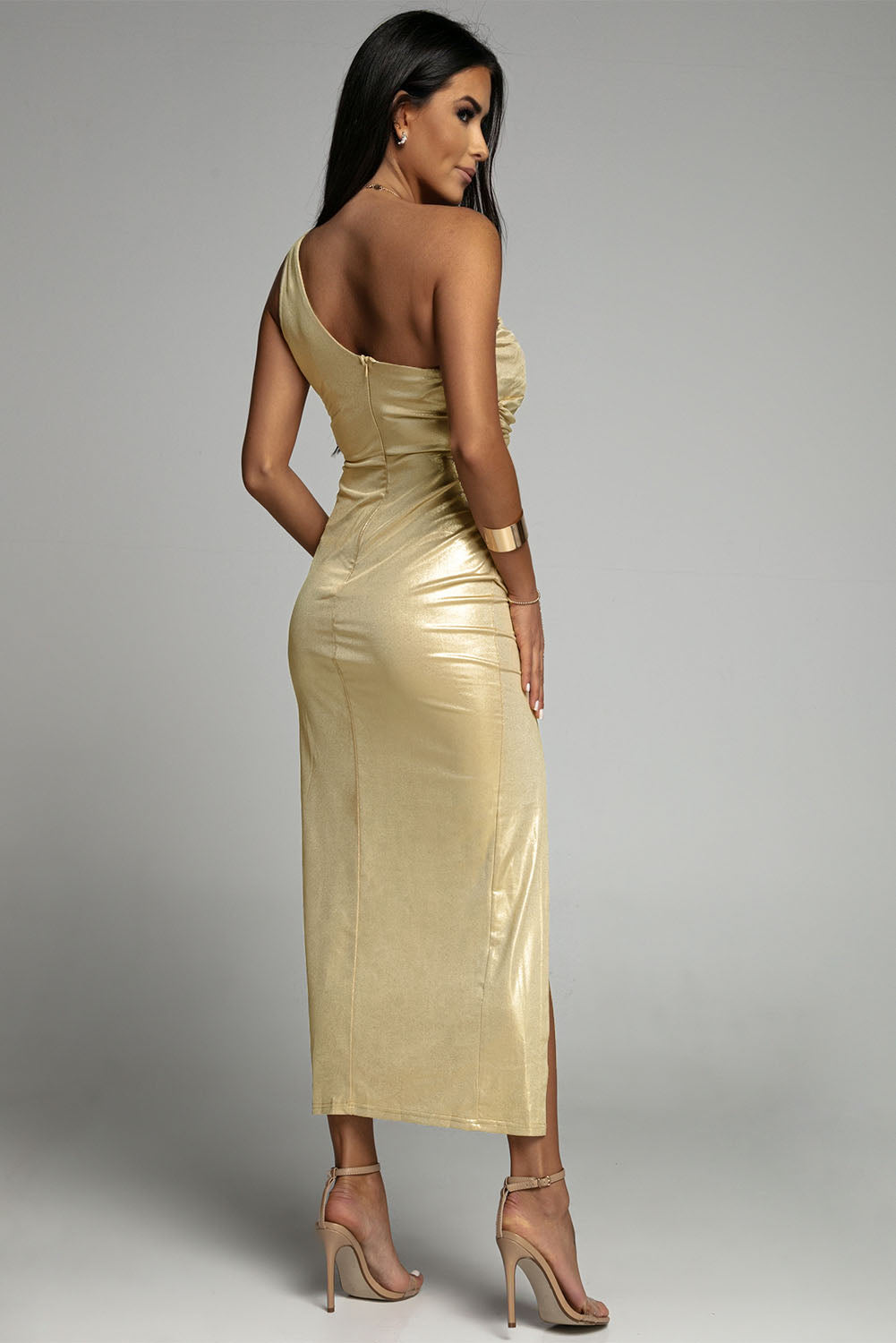 Apricot One Shoulder Slit Thigh Ruched Metallic Party Dress