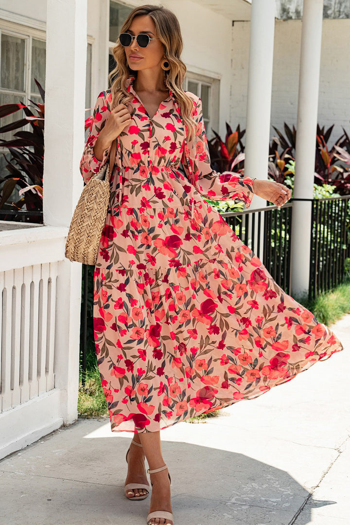 Frilled Collar Long Sleeve Tiered Red Maxi Floral Dress