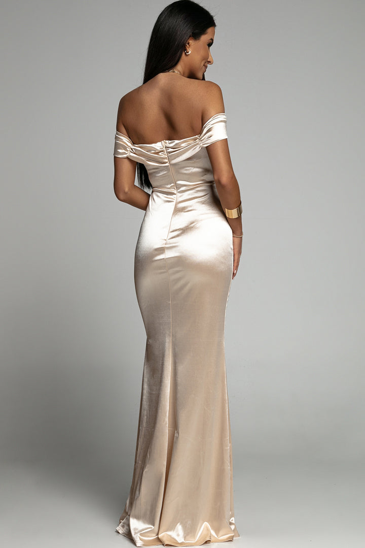 Apricot Crinkled Satin Thigh Slit Maxi Evening Dress