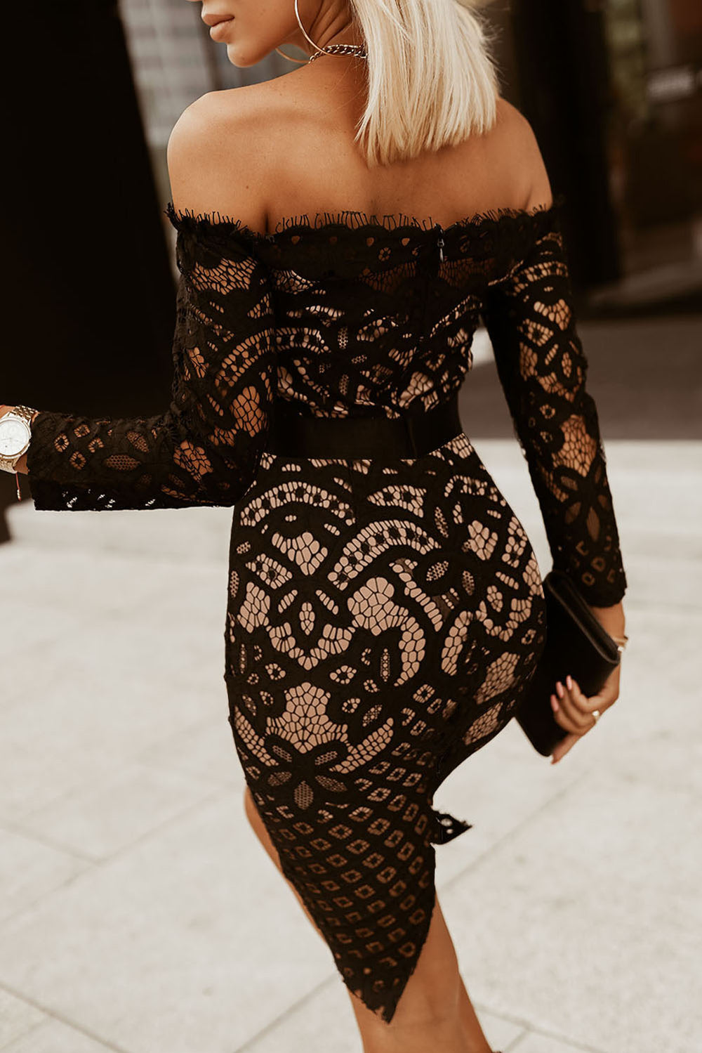 Black Off Shoulder Lace Bodycon Formal Dress