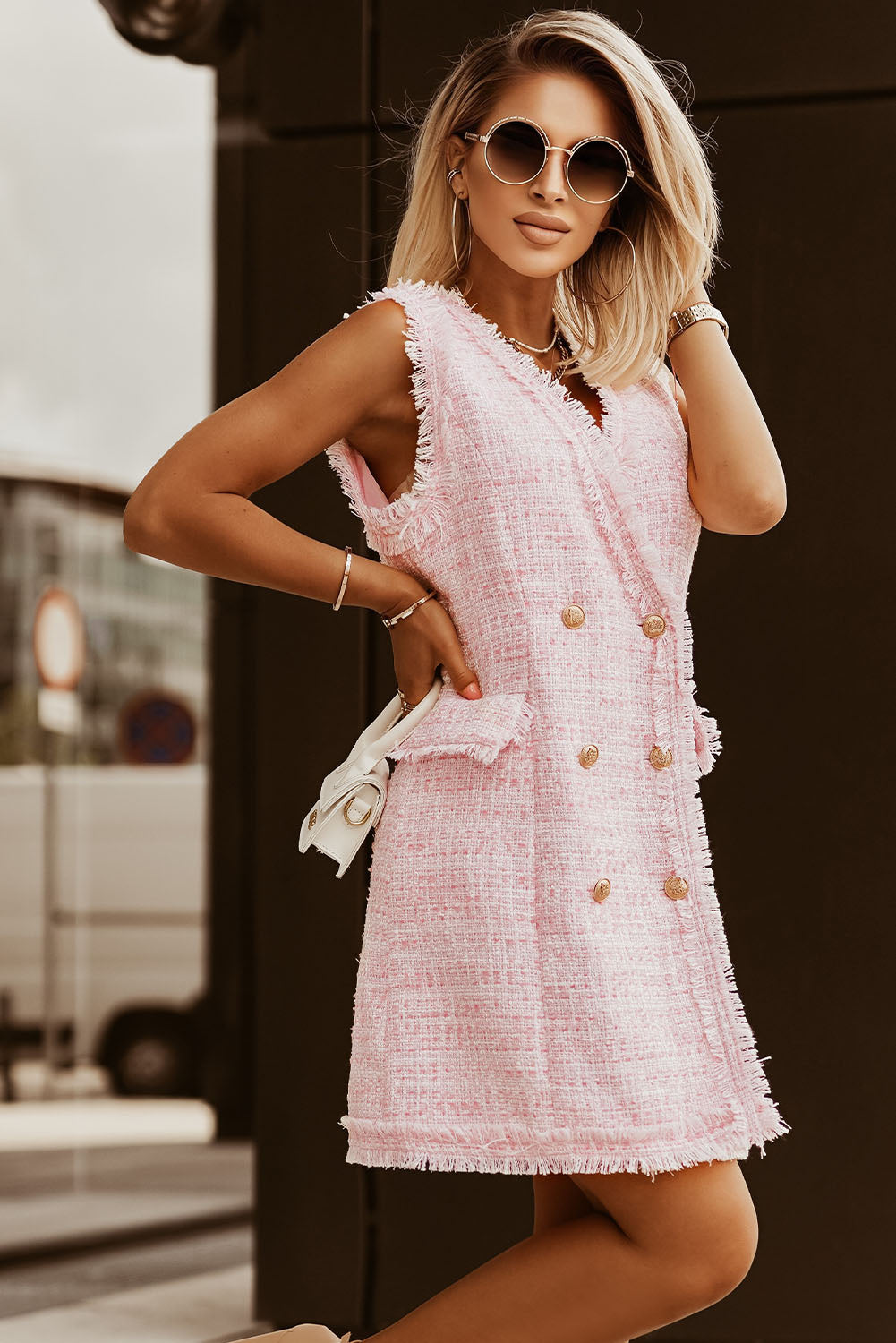 Pink Frayed Edge Double Breasted Tweed Blazer Vest Dress