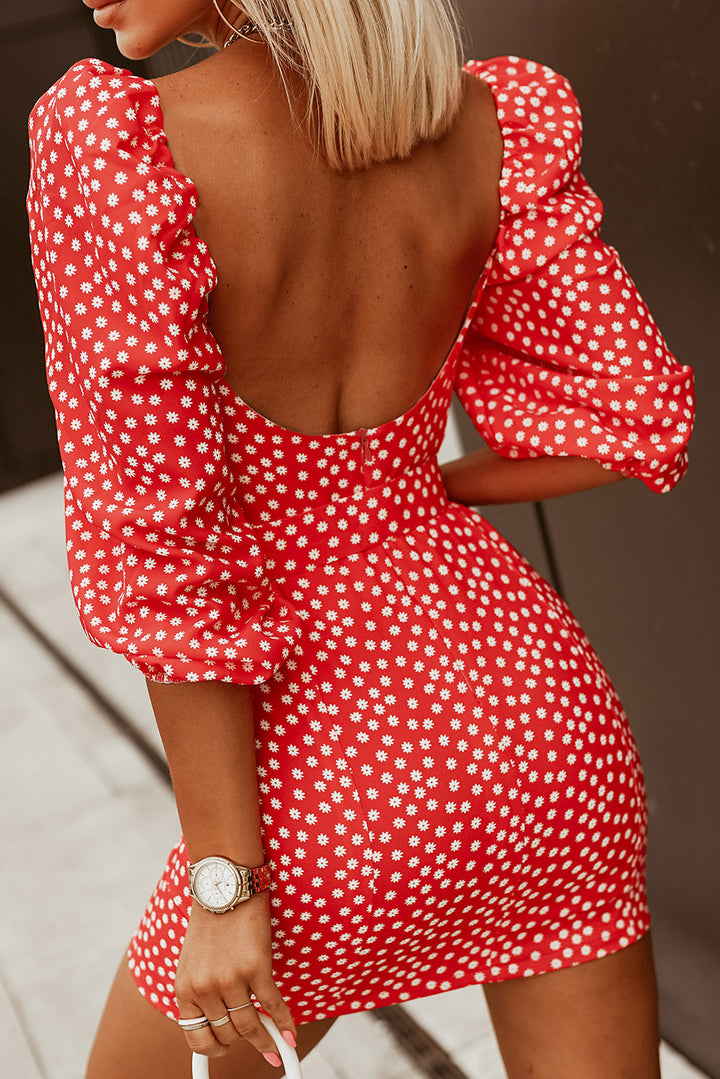 Red Daisy Print Square Neck Puff Sleeve Backless Mini Dress