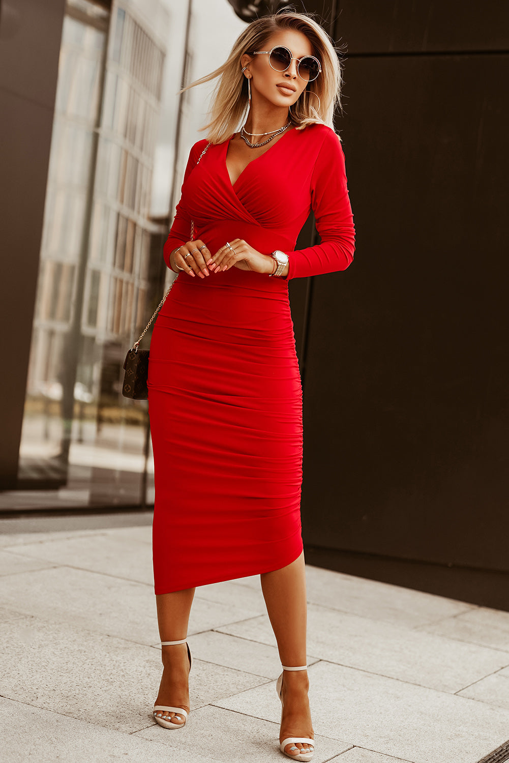 Red Long Sleeves Wrap V Neck Ruched Sheath Midi Dress