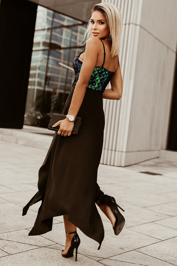 Black Green Sequins Spaghetti Straps Front Slit Party Dress