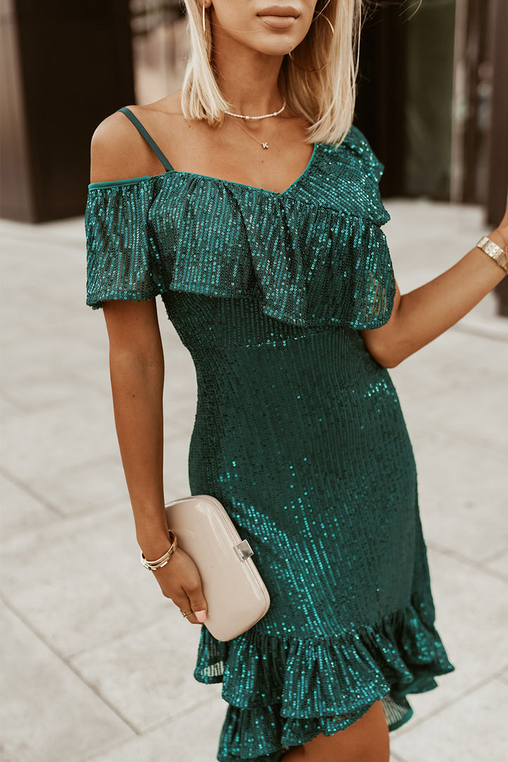 Green One-Shoulder Sling Ruffled Party Sequin Dress