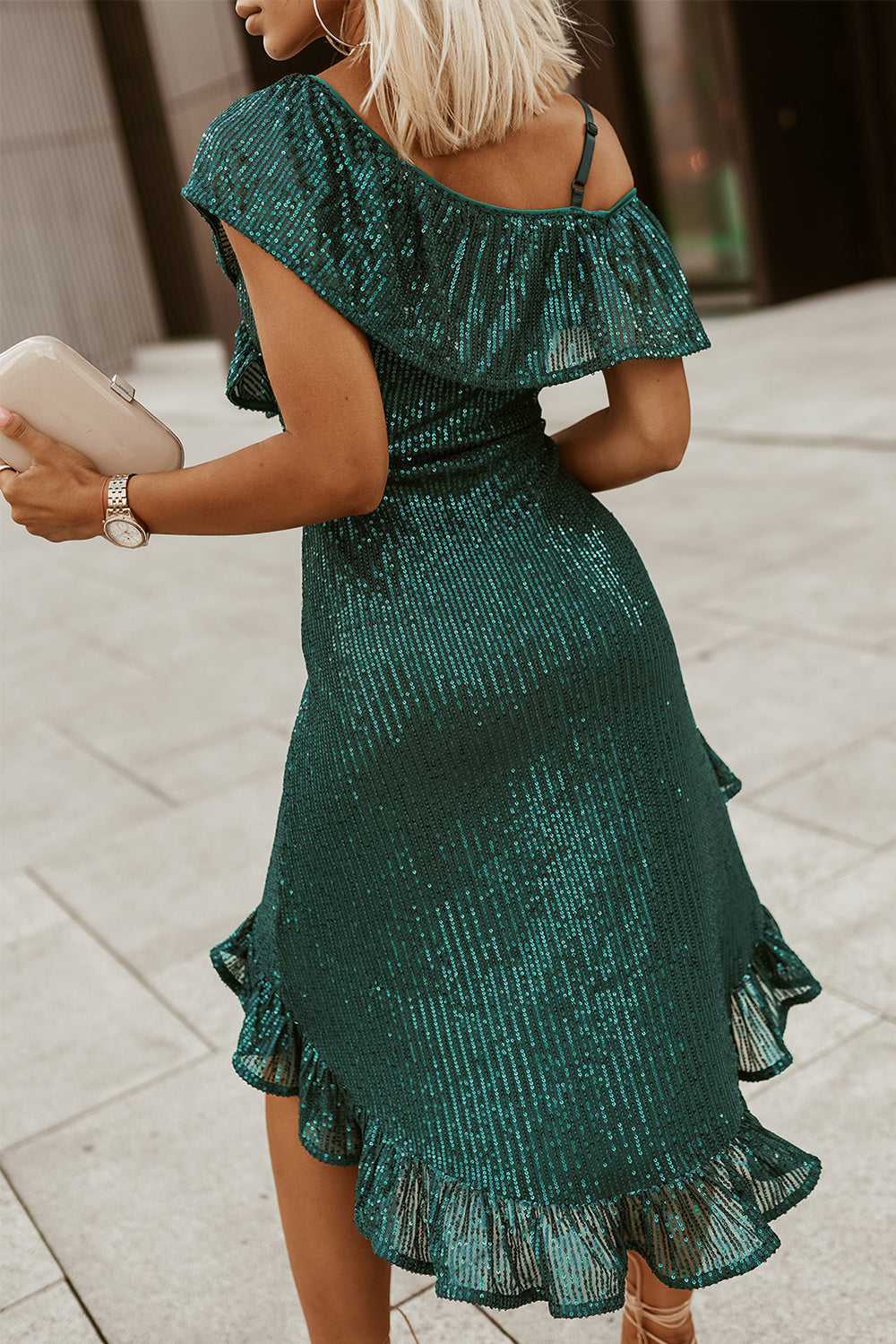 Green One-Shoulder Sling Ruffled Party Sequin Dress
