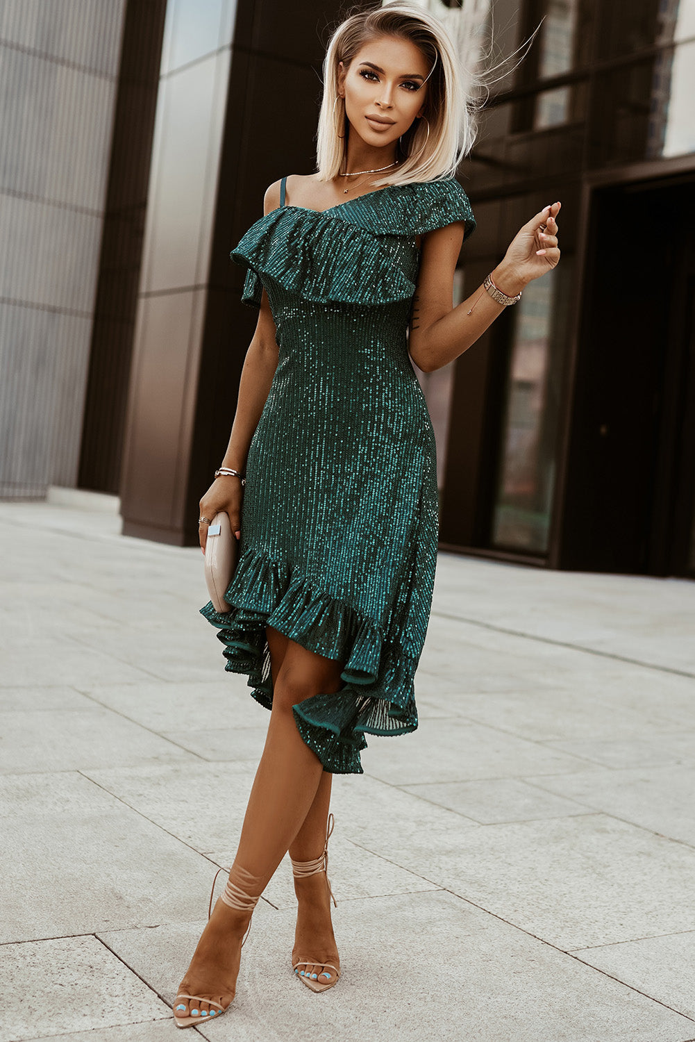 Green One-Shoulder Sling Ruffled Party Sequin Dress