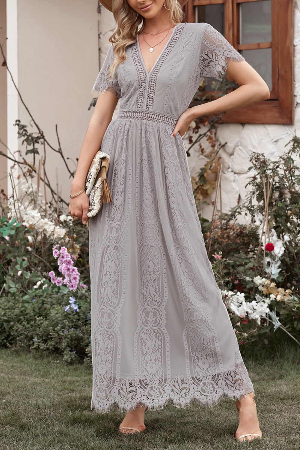 Gray Fill Your Heart Lace Maxi Party Dress