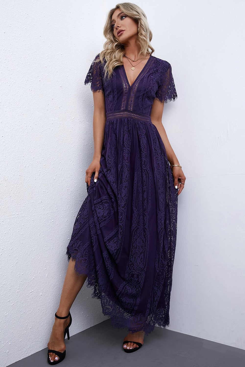 Elegant Short Sleeve Fill Your Heart Lace Maxi Formal Dress