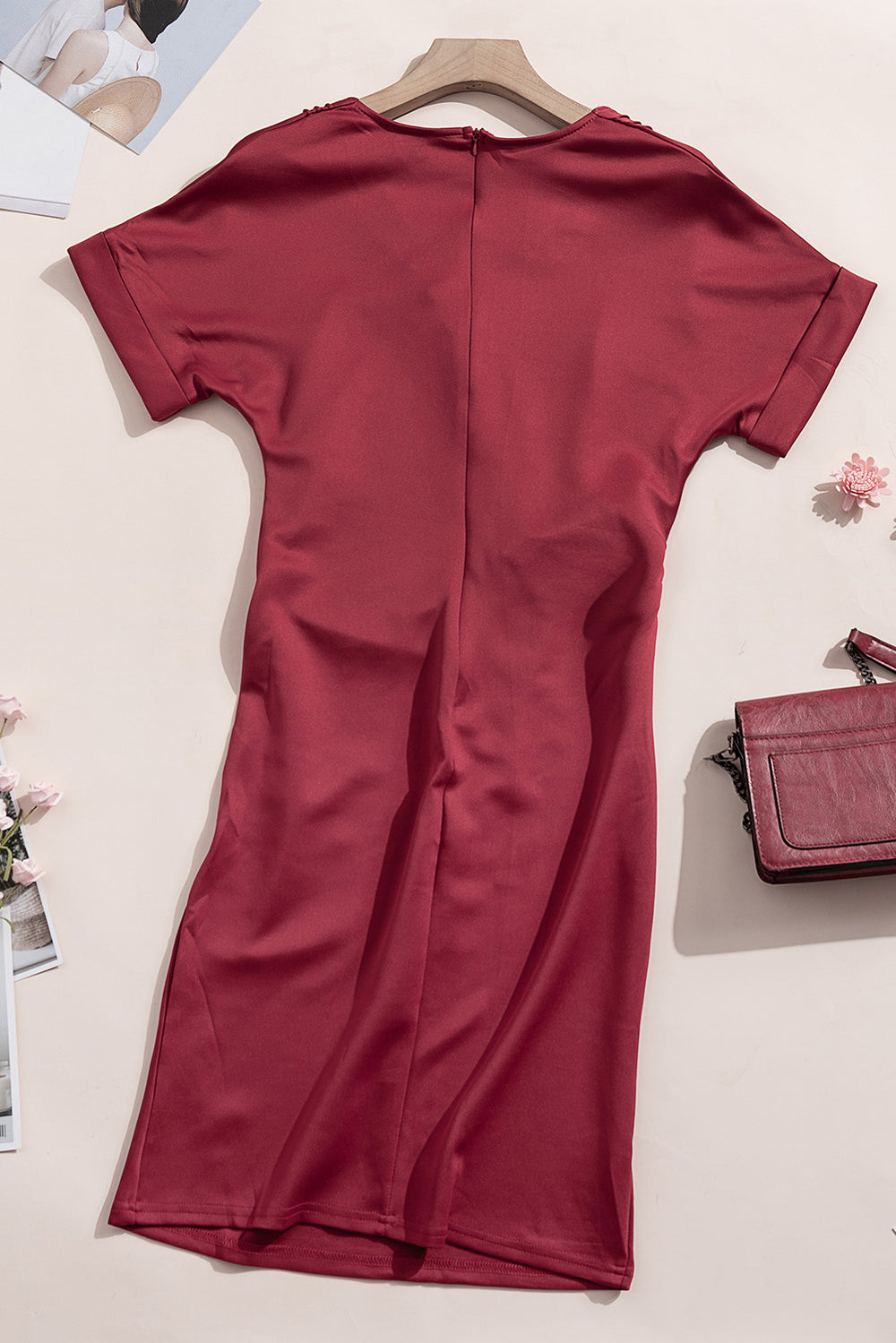 Red V Neck Cutout Inverted Pleat Office Dress