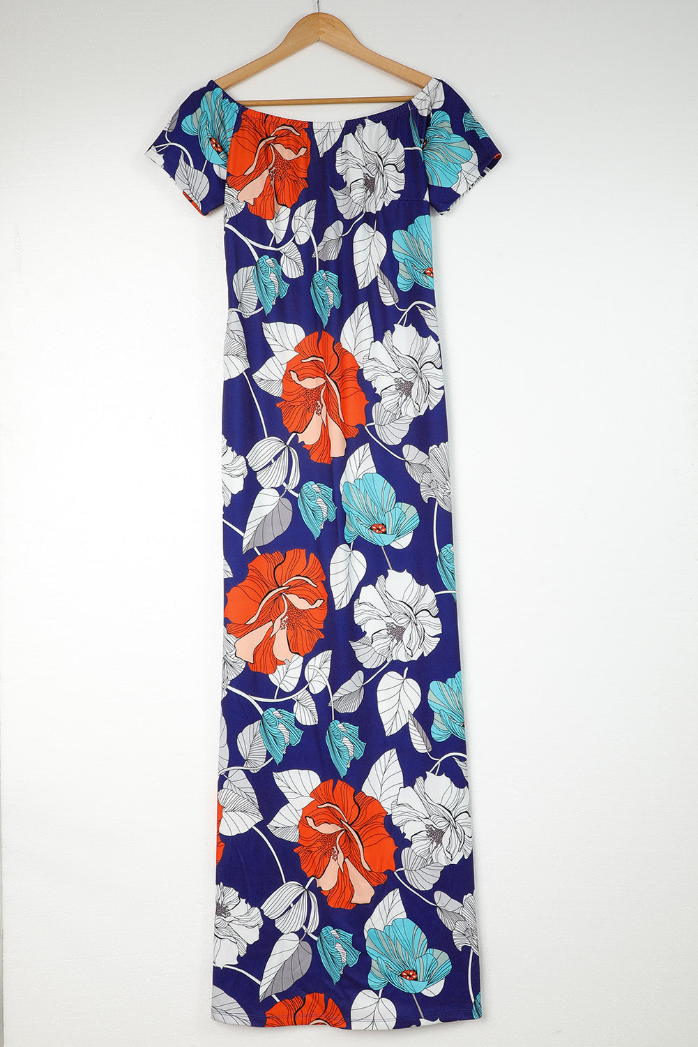 Blue Boat Neck Floral Print Plus Size Maxi Dress