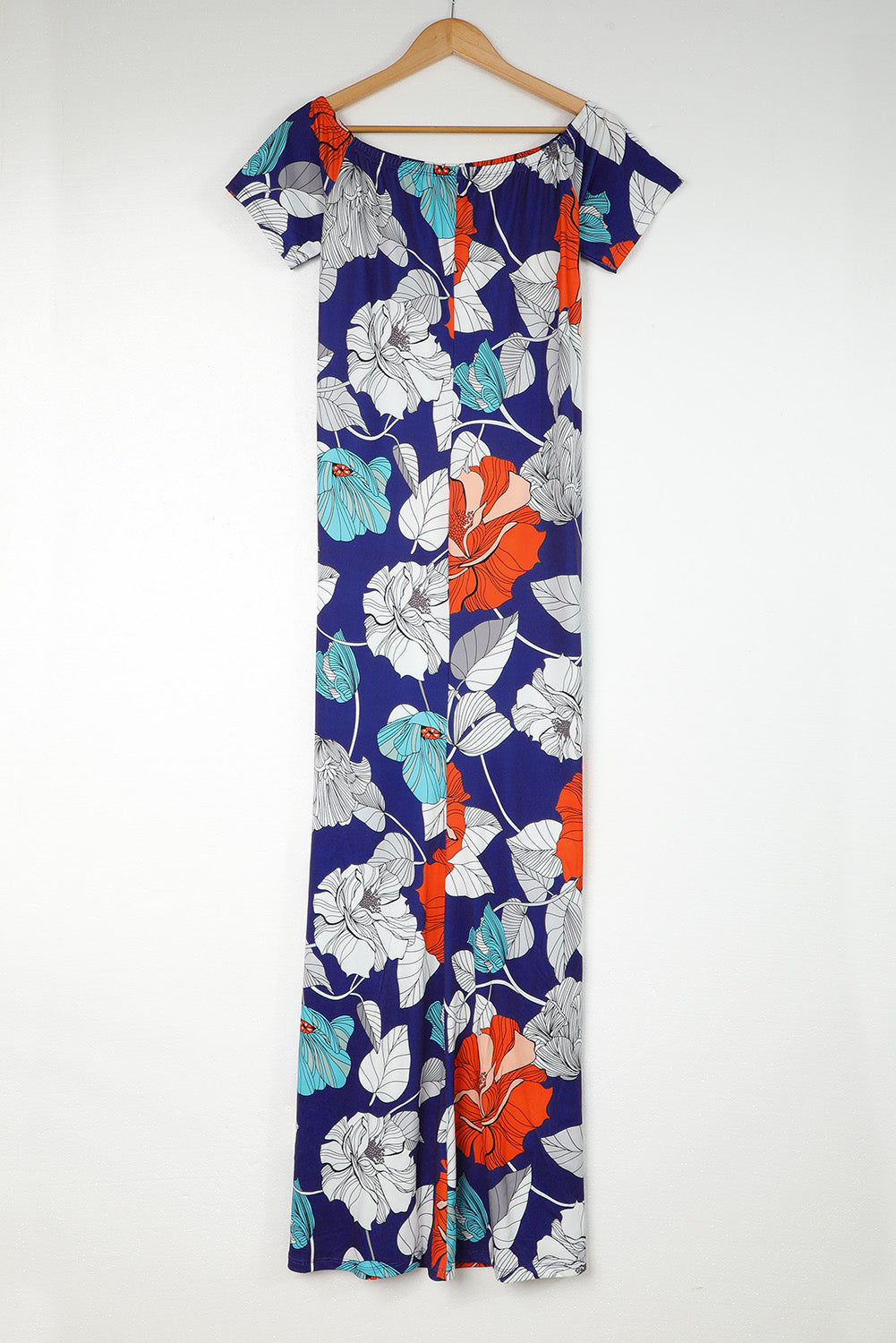 Blue Boat Neck Floral Print Plus Size Maxi Dress