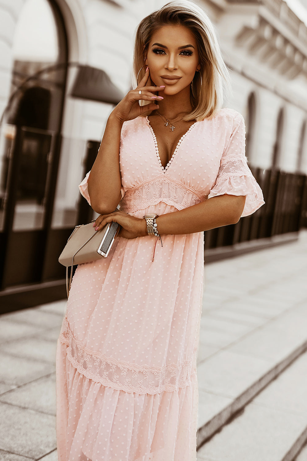 Pink Swiss Dot Lace Trim V Neck Short Sleeve Boho Maxi Dress
