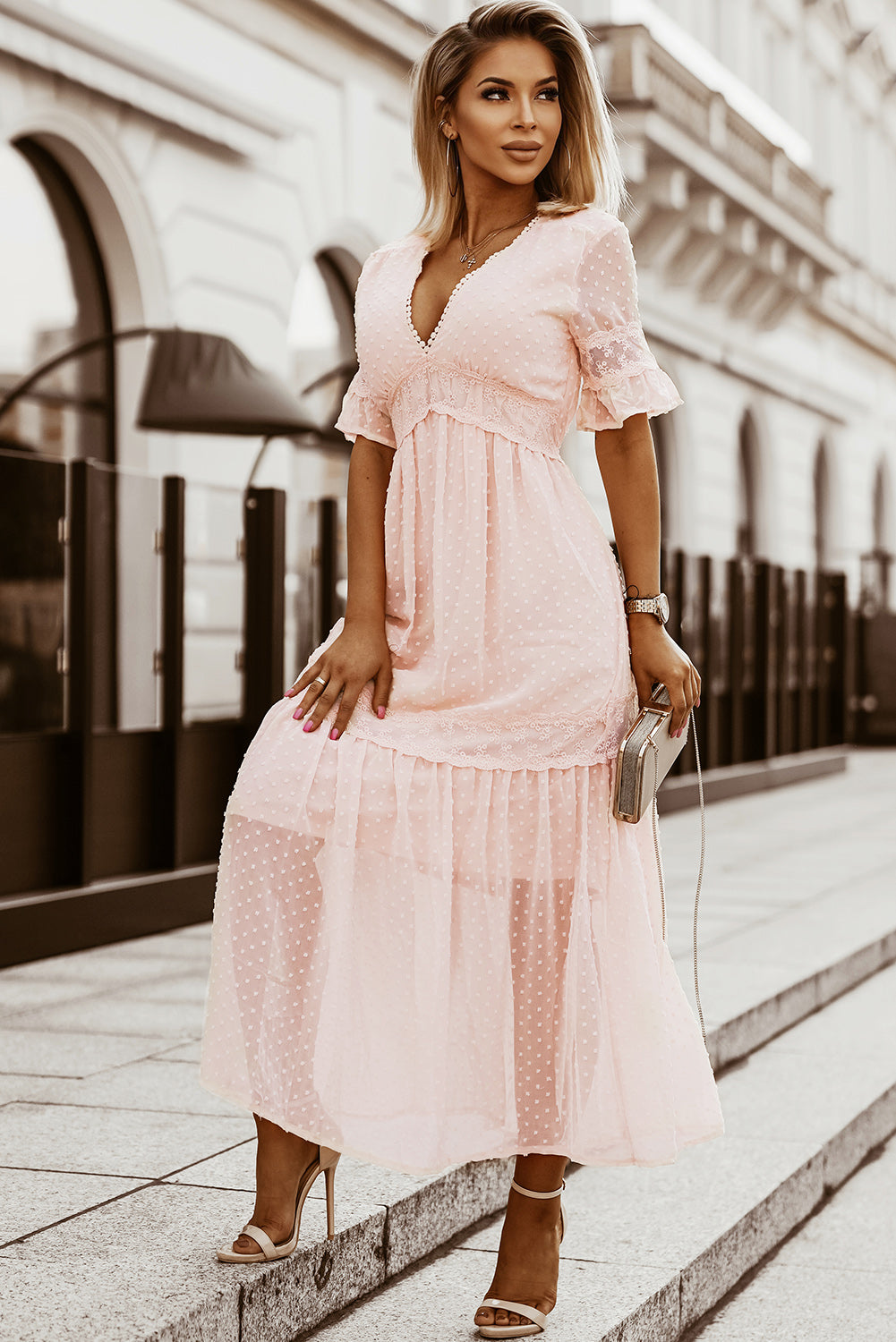 Pink Swiss Dot Lace Trim V Neck Short Sleeve Boho Maxi Dress ModeShe Pink Swiss Dot Lace Trim V Neck Short Sleeve Boho Maxi Dress ModeShe