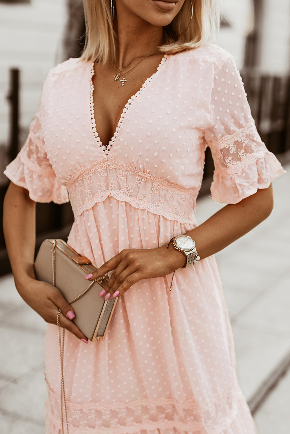 Pink Swiss Dot Lace Trim V Neck Short Sleeve Boho Maxi Dress