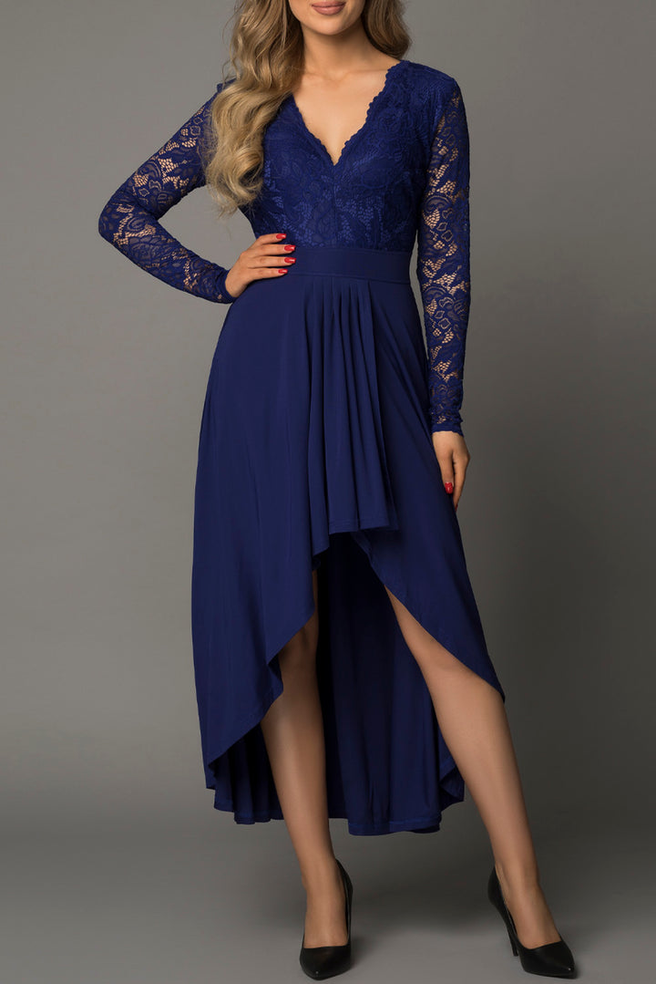 Dark Blue V-neck Lace Backless High and Low Hem Formal Dress
