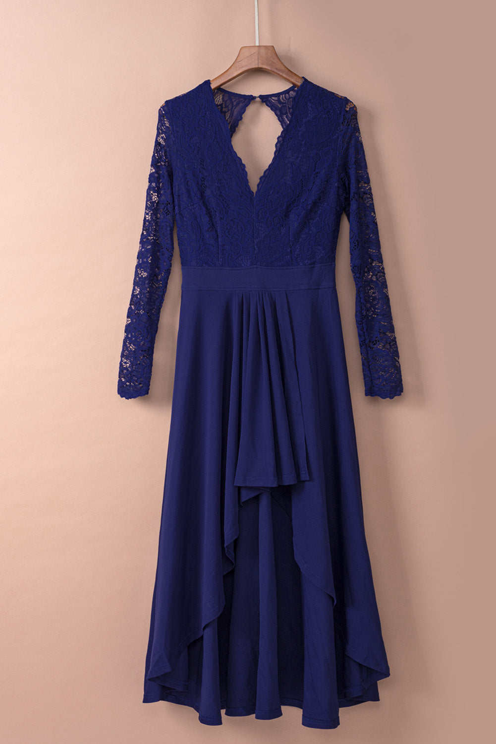 Dark Blue V-neck Lace Backless High and Low Hem Formal Dress