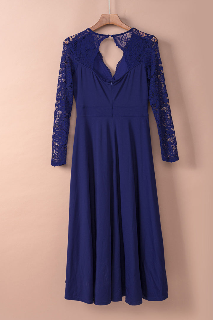 Dark Blue V-neck Lace Backless High and Low Hem Formal Dress
