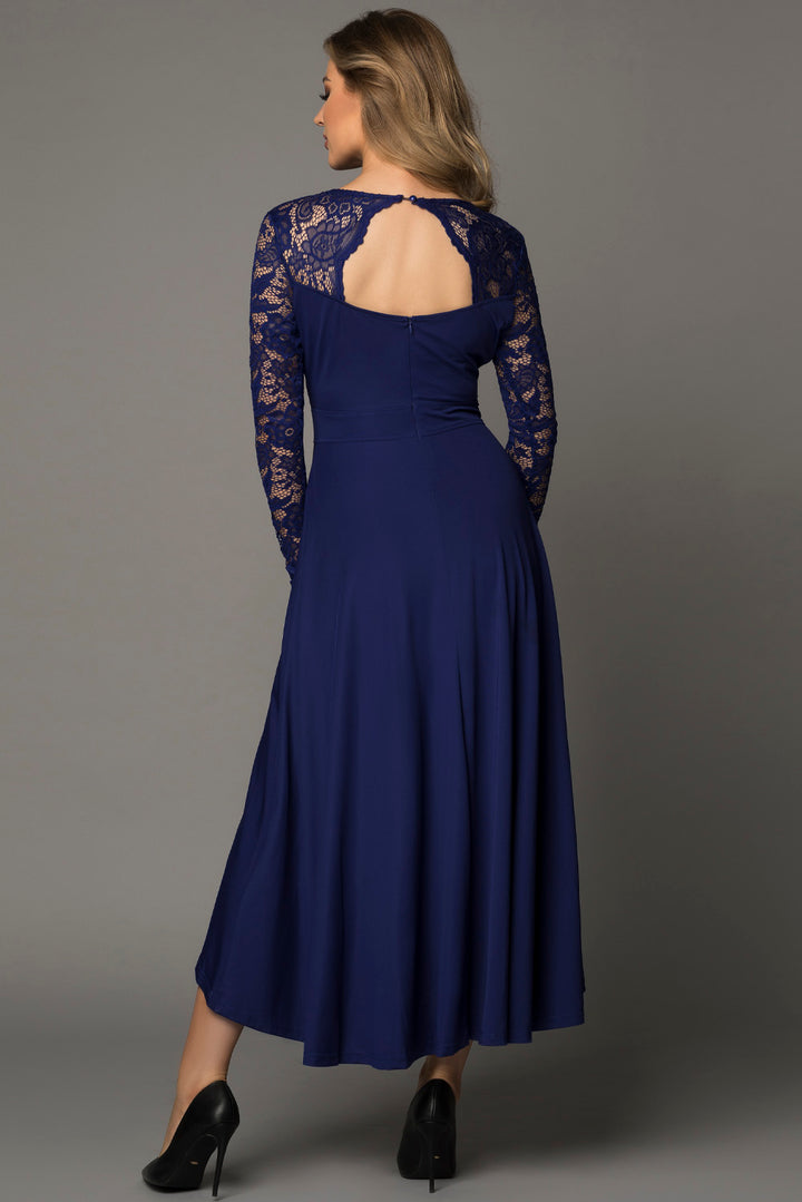 Dark Blue V-neck Lace Backless High and Low Hem Formal Dress
