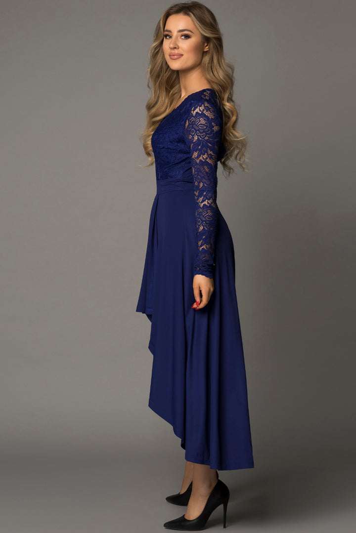 Dark Blue V-neck Lace Backless High and Low Hem Formal Dress