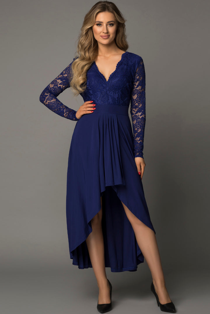 Dark Blue V-neck Lace Backless High and Low Hem Formal Dress