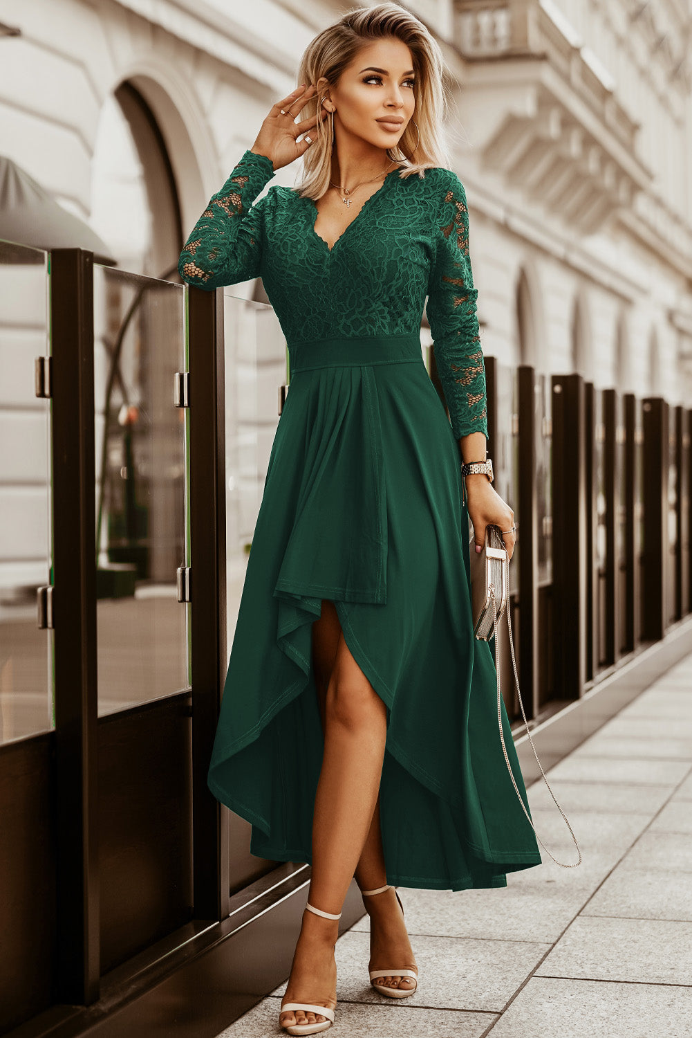 Green V-neck Long Sleeve Lace Backless High and Low Hem Evening Dress