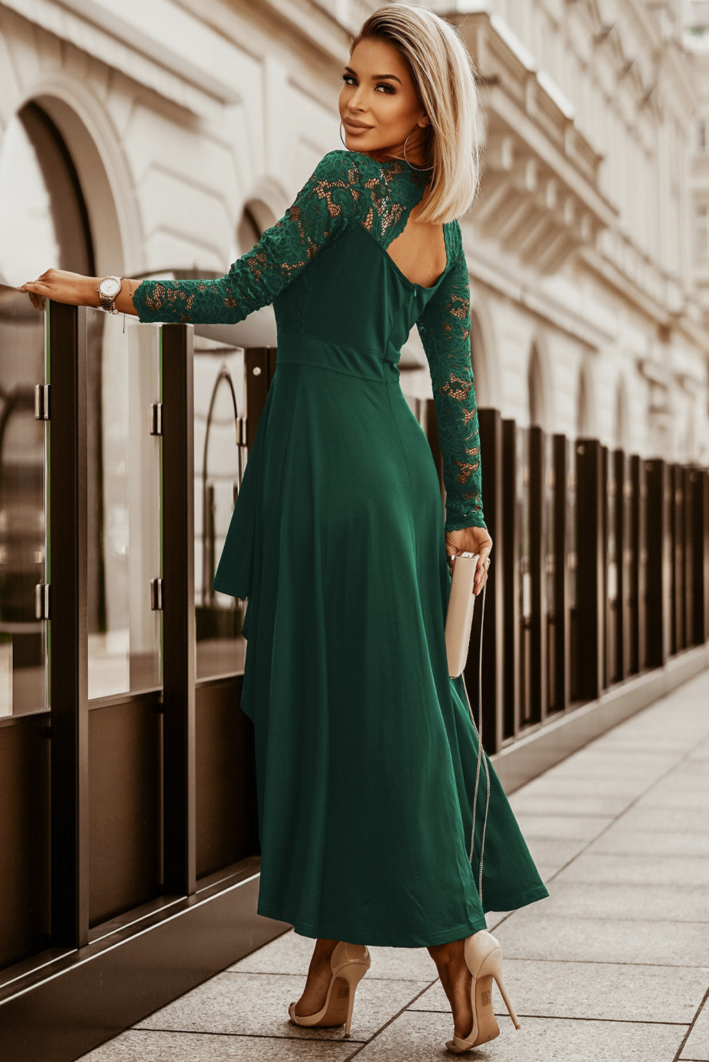 Emerald Prom Green A Line Long Sleeve Formal Dress Green V-neck Long Sleeve Lace Backless High And Low Hem Evening Dress ModeShe Emerald Prom Green A Line Long Sleeve Formal Dress Green V-neck Long Sleeve Lace Backless High And Low Hem Evening Dress ModeShe