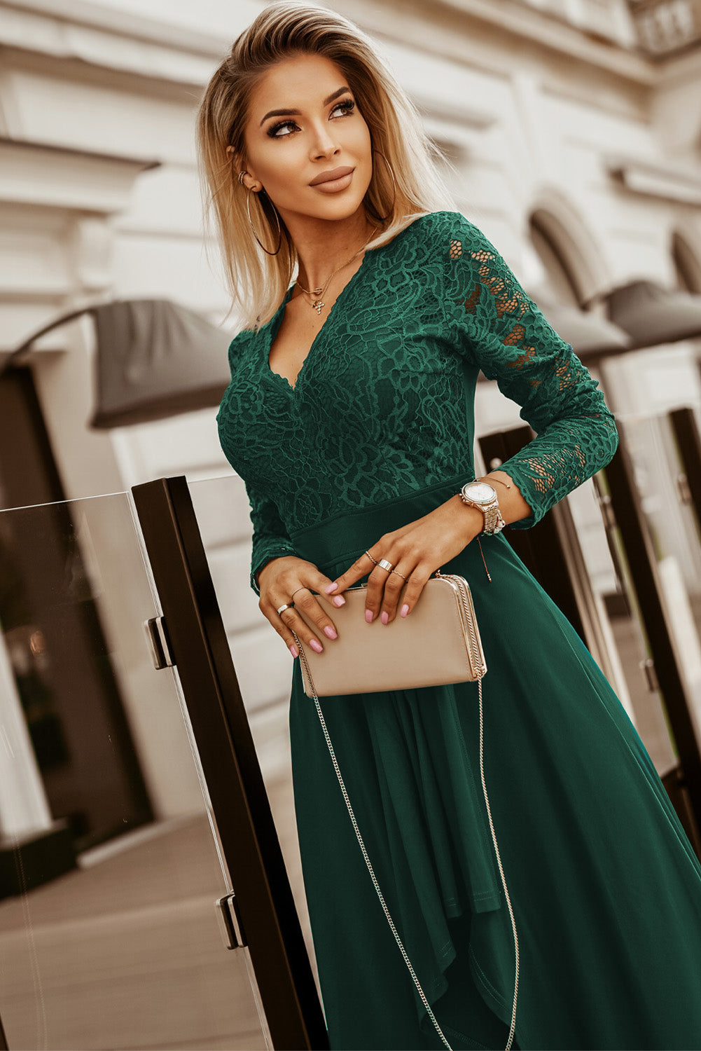 Green V-neck Long Sleeve Lace Backless High and Low Hem Evening Dress