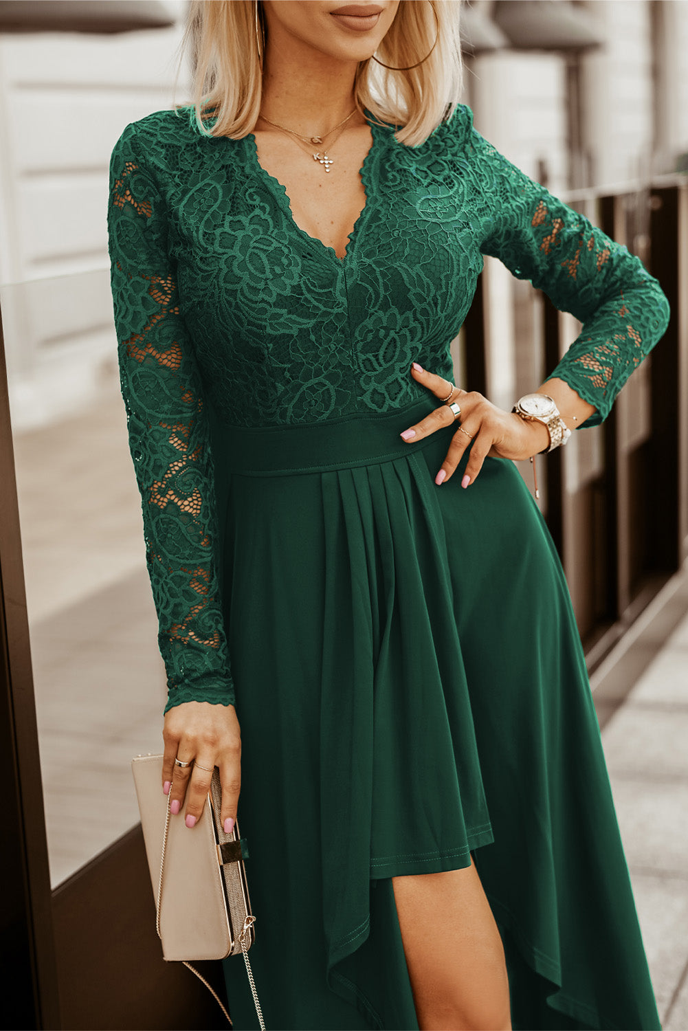 Green Long Sleeve Lace Evening Dress