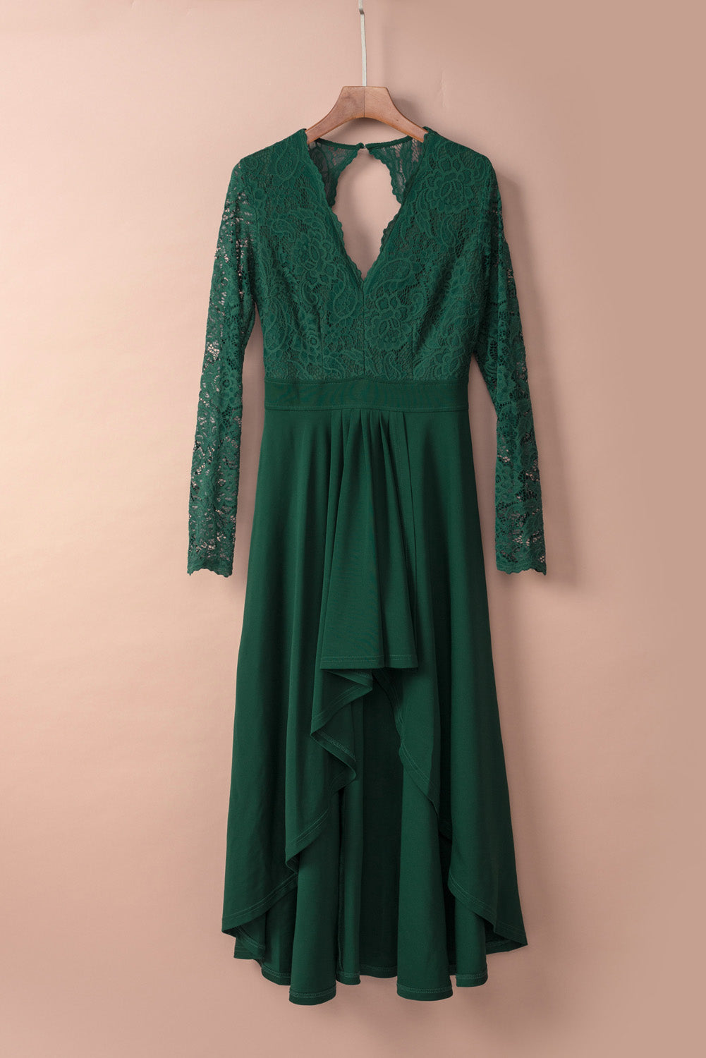 Green V-neck Long Sleeve Lace Backless High and Low Hem Evening Dress