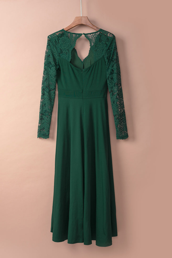 Green V-neck Long Sleeve Lace Backless High and Low Hem Evening Dress