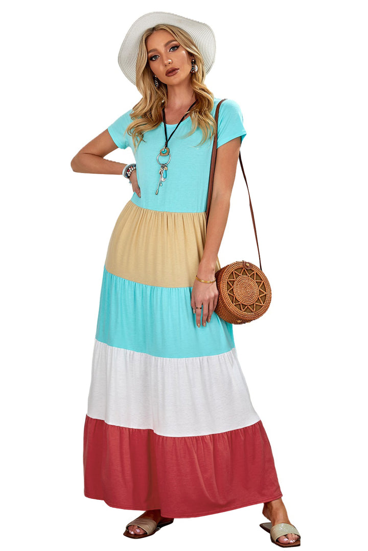 Family Matching Round Neck Short Sleeve Color Block Adult Maxi Dress