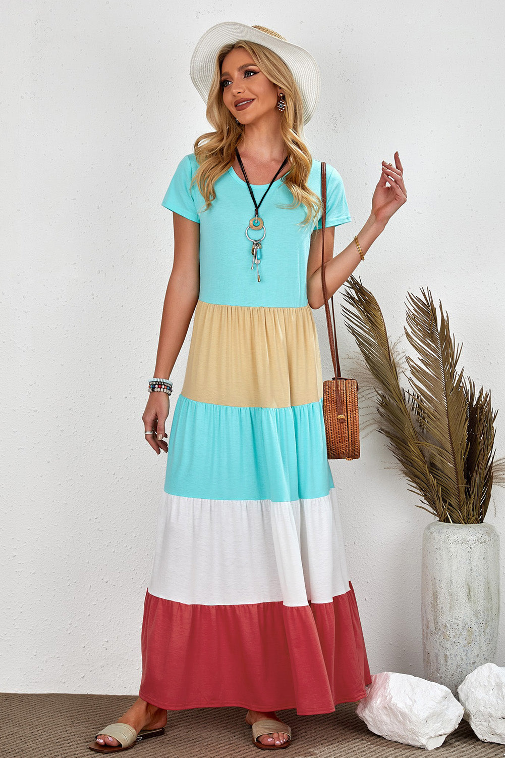 Family Matching Round Neck Short Sleeve Color Block Adult Maxi Dress