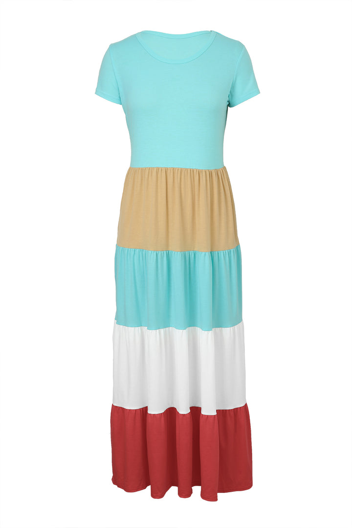 Family Matching Round Neck Short Sleeve Color Block Adult Maxi Dress