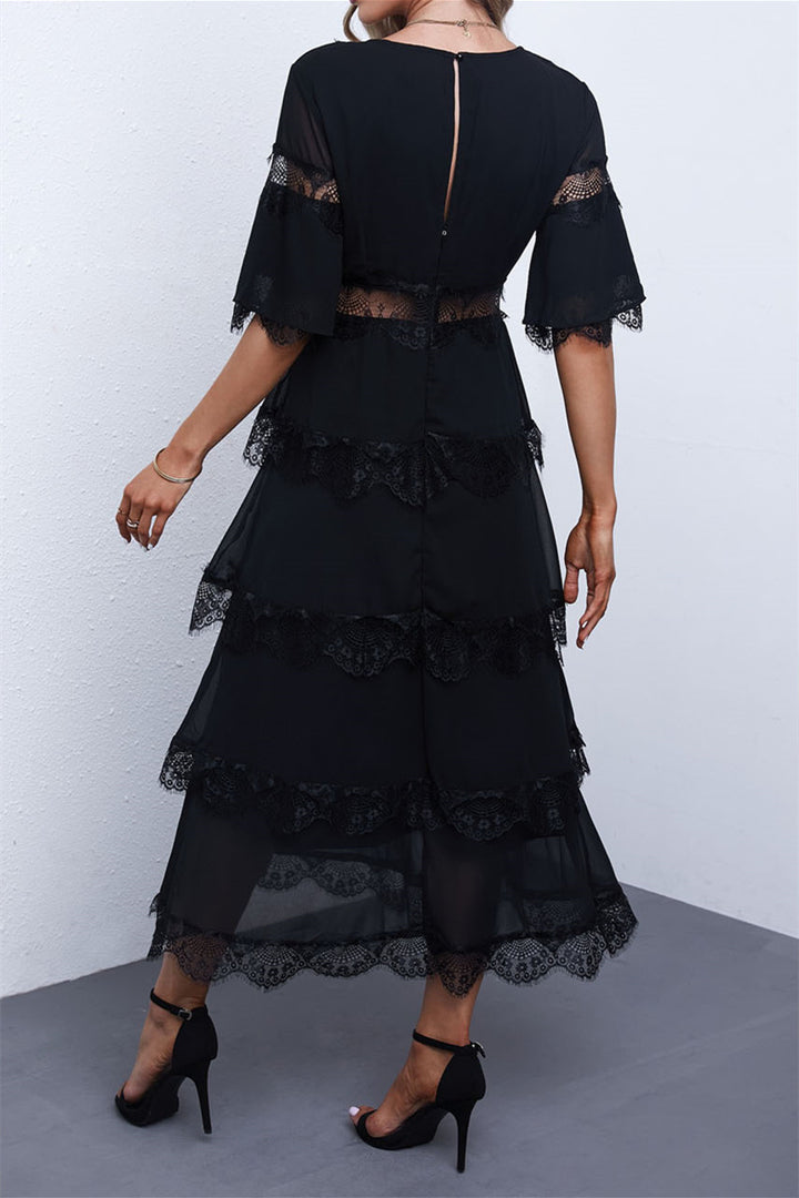 Black See-through Lace Patch Layered Party Long Dress