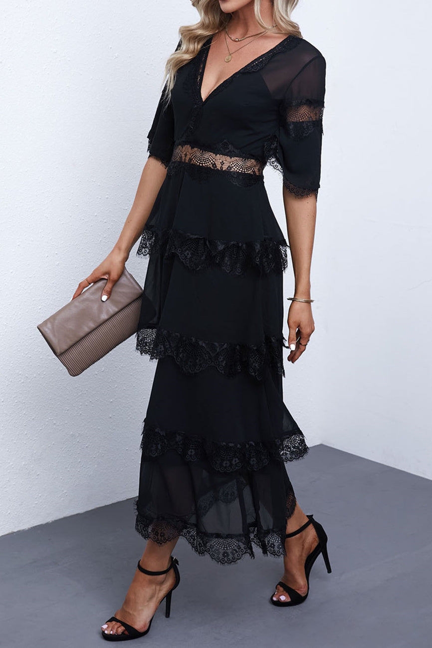 Black See-through Lace Patch Layered Party Long Dress