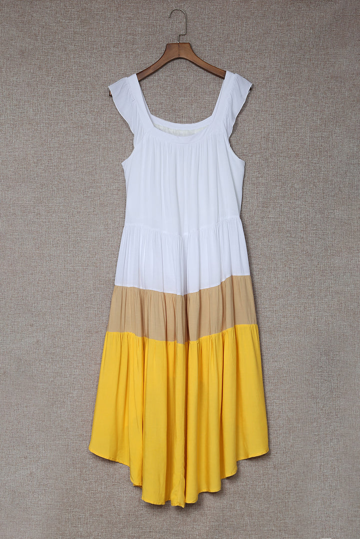 Yellow High Low Tiered Colorblock Square Collar Midi Dress