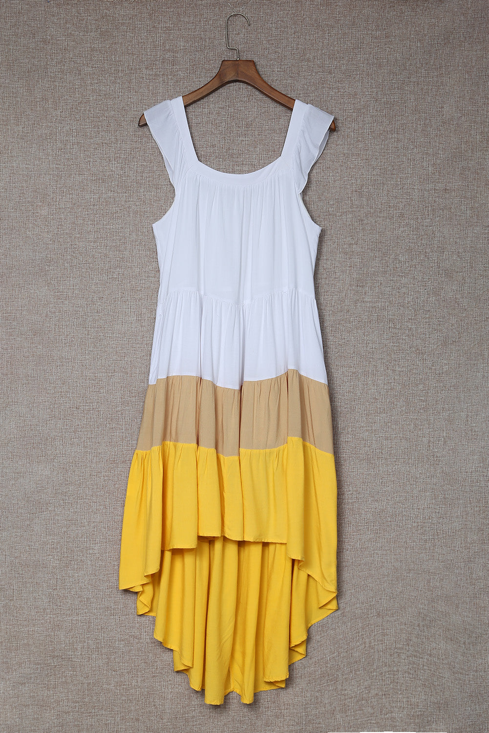 Yellow High Low Tiered Colorblock Square Collar Midi Dress