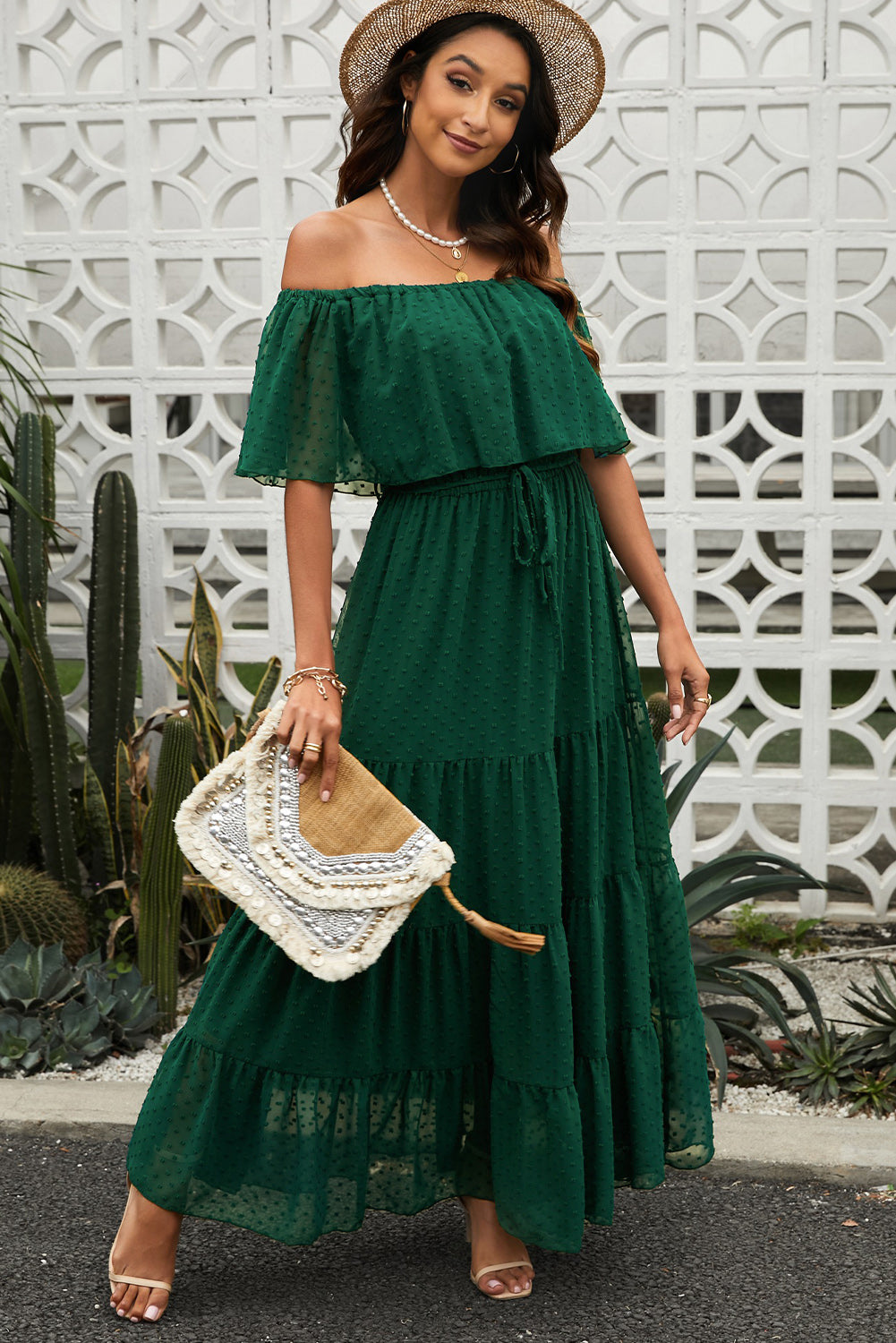 Elegant Green Off Shoulder Ruffle Swiss Dot Maxi Dress