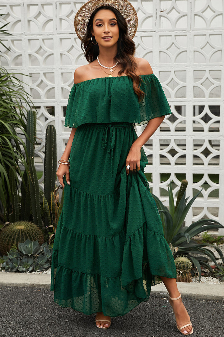 Elegant Green Off Shoulder Ruffle Swiss Dot Maxi Dress