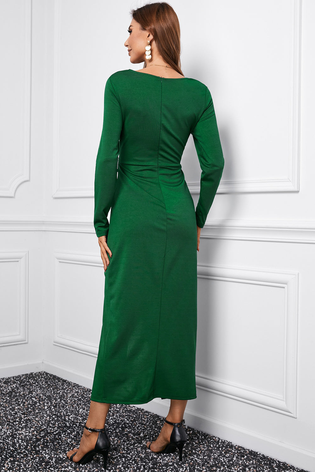 Classy Green Long Sleeve V Neck Twist Front Slit Long Dress