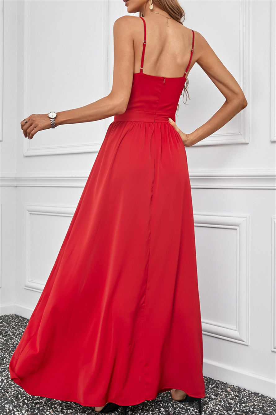 Red Rhinestone Side Split Deep V Neck Formal Maxi Dress